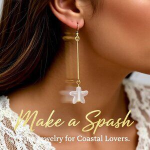 Beachy!!! Frosted White Sea Star Starfish Pressed Glass ~ Dainty Dangle Earrings